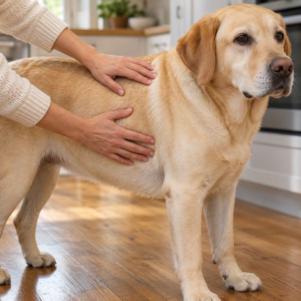 Hands feeling a Labrador's ribs