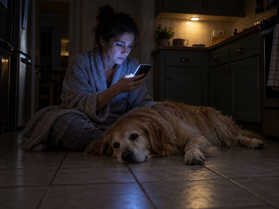 Worried owner on the kitchen floor at night with her unwell dog